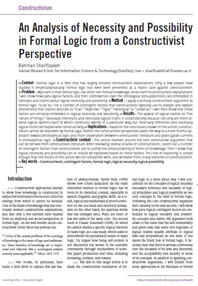 An Analysis of Necessity and Possibility in Formal Logic from a Constructivist Perspective