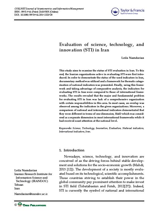 Evaluation of science, technology, and innovation (STI) in Iran