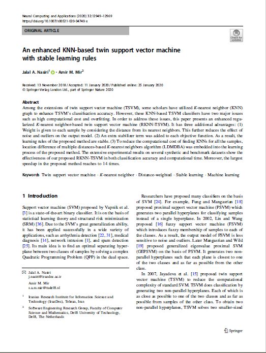 An enhanced KNN-based twin support vector machine with stable learning rules