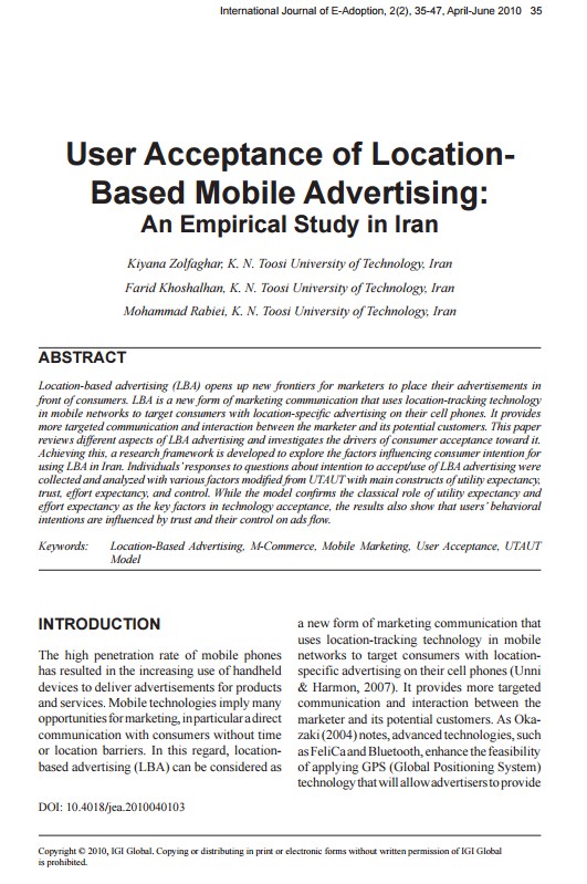 user acceptance of location based Mobile advertising: an empirical study in Iran
