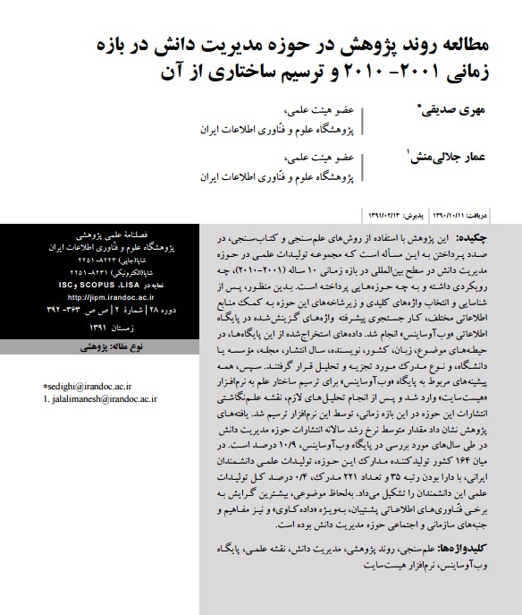 مطالعه روند پژوهش در حوزه مدیریت دانش در بازه زمانی 2001-2010 و ترسیم ساختاری از آن