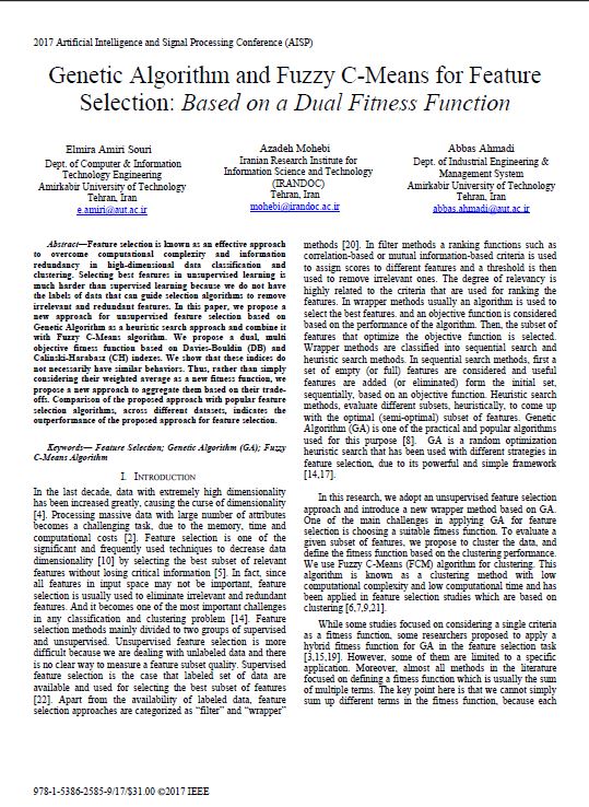Genetic algorithm and fuzzy C-means for feature selection: Based on a dual fitness function