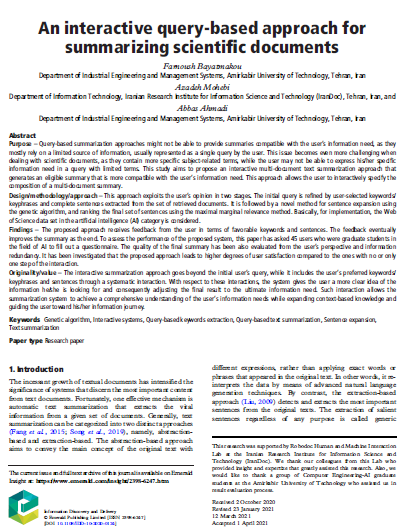 An interactive query-based approach for summarizing scientific documents