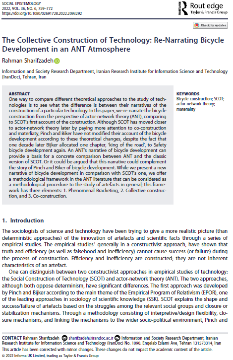 The Collective Construction of Technology; Re-Narrating the Bicycle Development in ANT Atmosphere