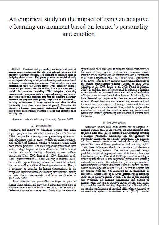 An empirical study on the impact of using an adaptive e-learning environment based on learner’s personality and emotion