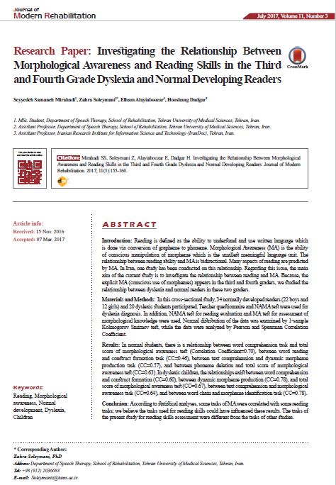Investigating the Relationship Between Morphological Awareness and Reading Skills in the Third and Fourth Grade Dyslexia and Normal Developing Readers